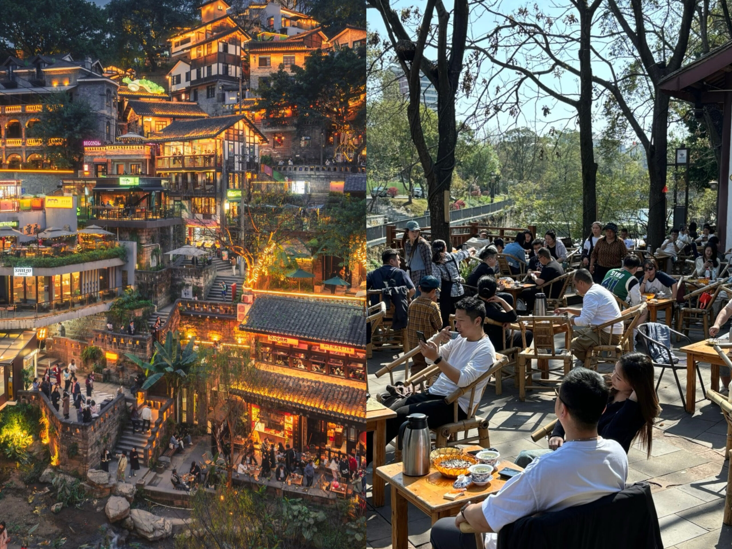 Chongqing futuristic skyline vs Chengdu relaxed teahouse.
