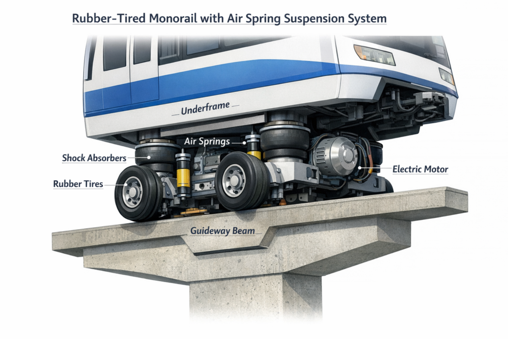 Diagram of rubber tire monorail and air spring suspension system
