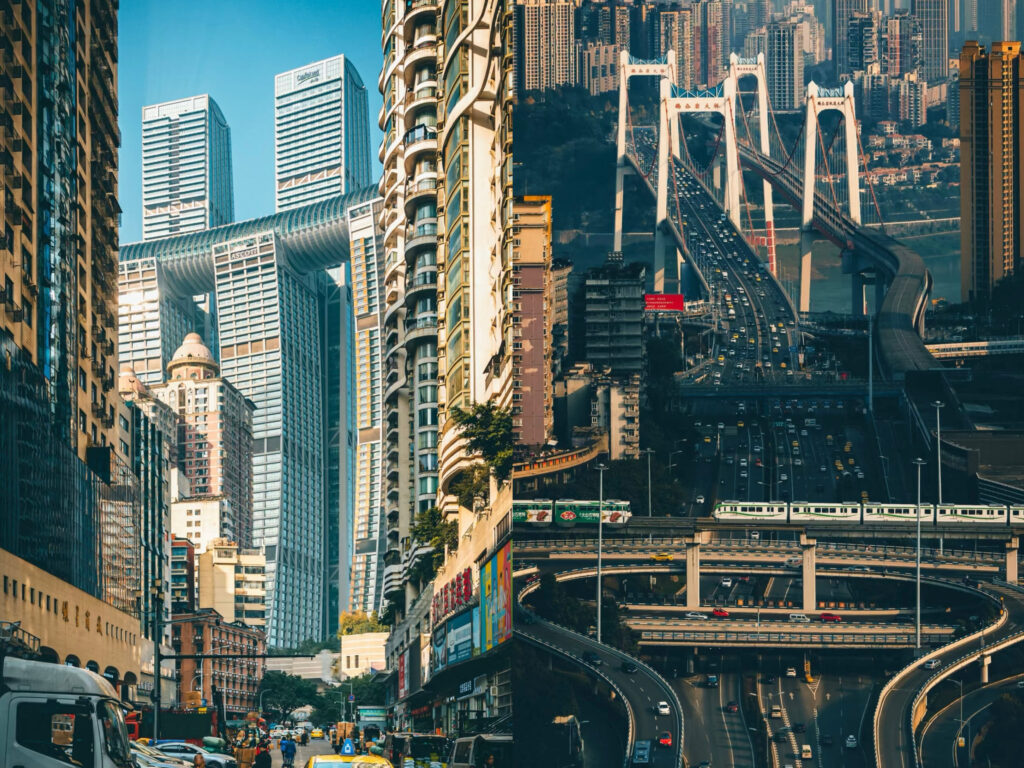 The futuristic urban landscape of Chongqing with Raffles City and complex overpasses, representing the iconic Chongqing cityscape.