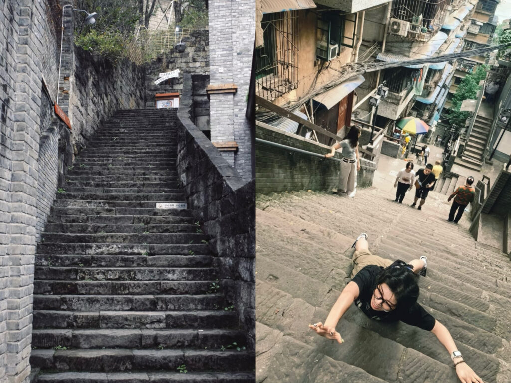 Steep stone stairs and traditional walkways in Mountain City, China, showcasing the challenging Chongqing terrain.